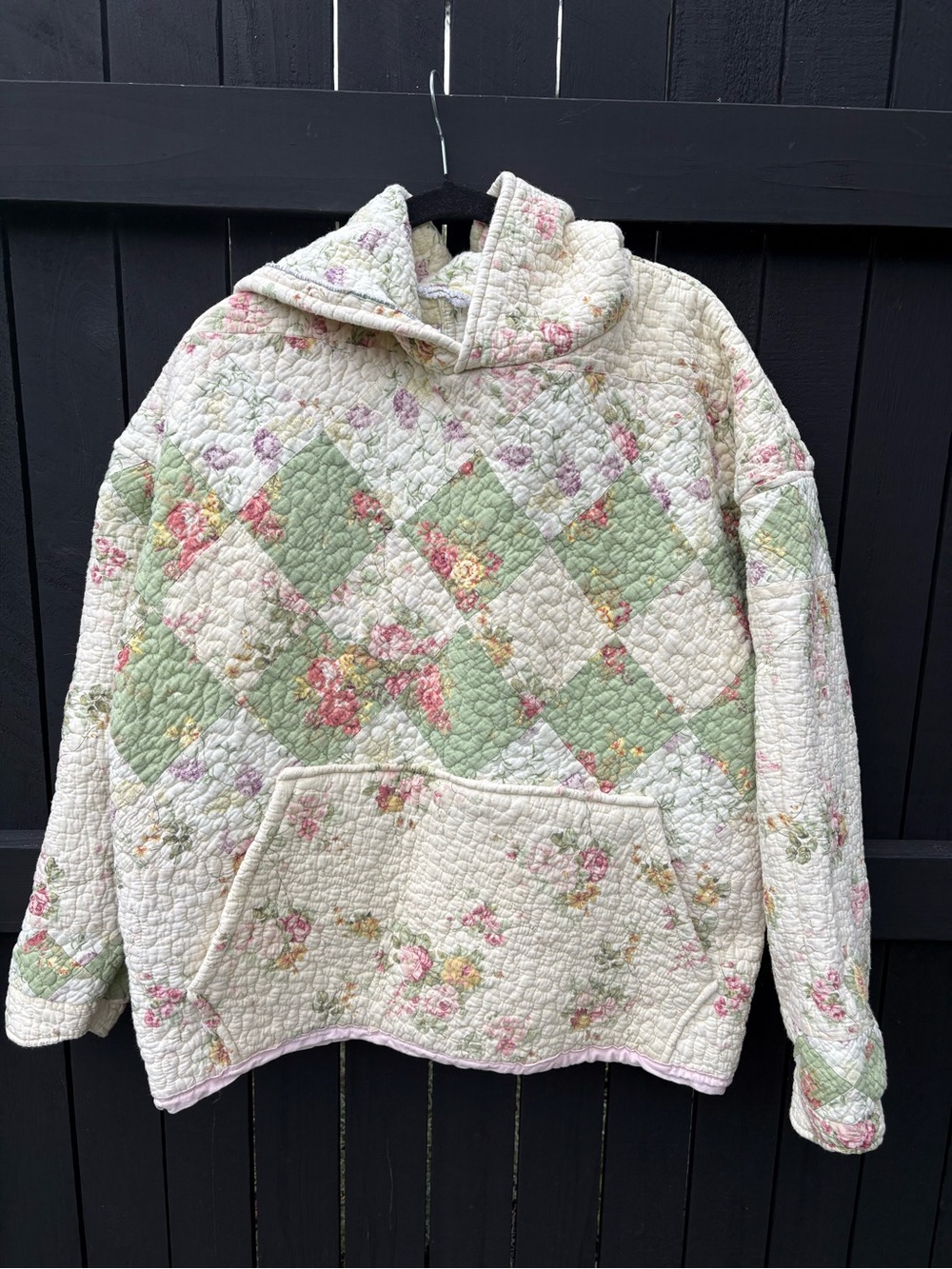 Upcycled Quilted Floral Pullover Hoodie - Cream & Green